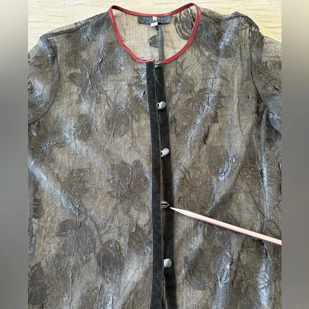 Sue Wong Nocturne Vintage 90s Black Lace Cardigan Jacket Coat Velvet Trim Sz M - Picture 12 of 13